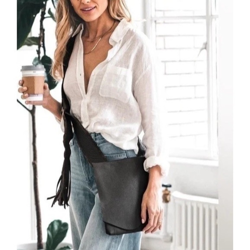 NEW Molly G Black Leather Wanderer Crossbody Fringe Bag FREE PEOPLE